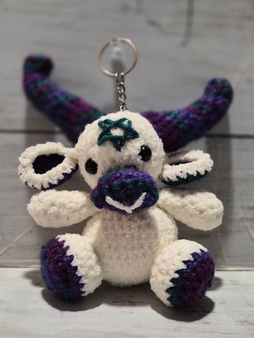 Handmade White Crocheted Plush Baphomet Keychain with Purple & Teal Accents